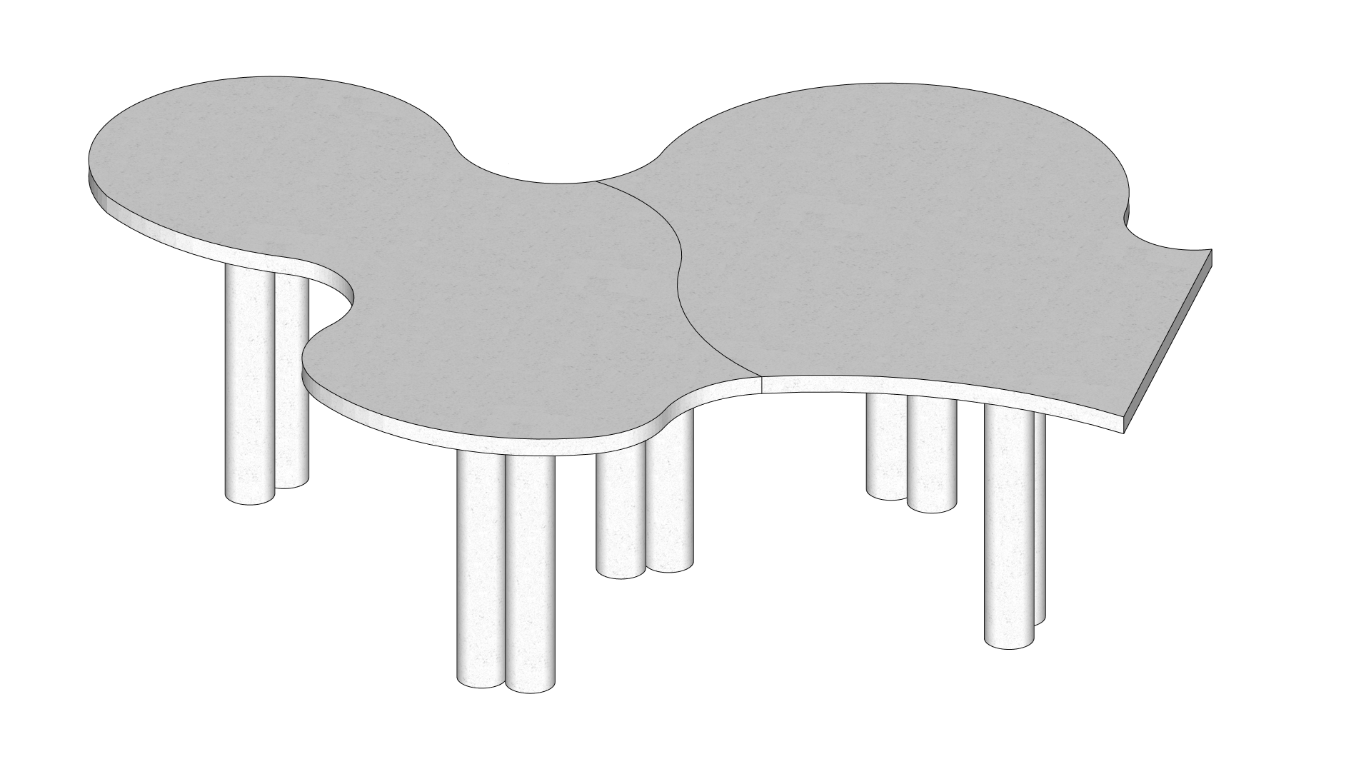 Vue isométrique de la table XXL en forme de haricot